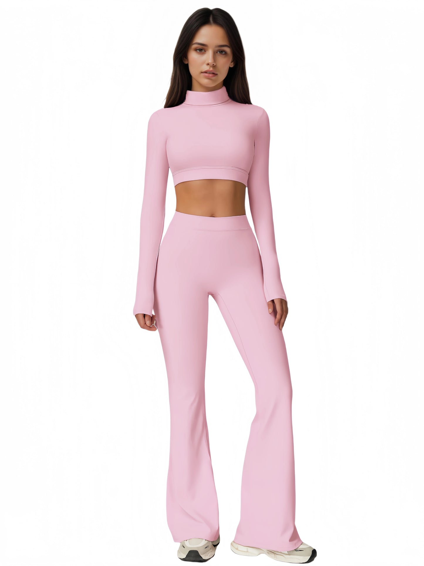 Women's Turtleneck Long Sleeve Yoga Set Back Cutout Flare Pants with Removable Pads Tummy Control Butt Lifting Gym Outfit