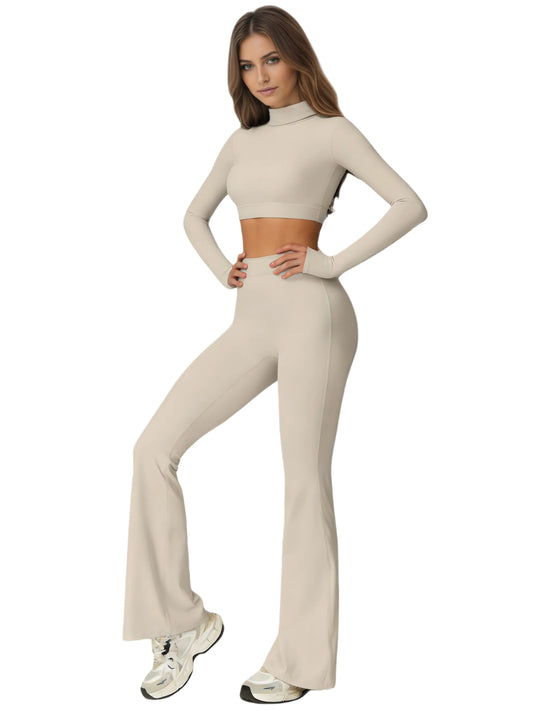 Women's Turtleneck Long Sleeve Yoga Set Back Cutout Flare Pants with Removable Pads Tummy Control Butt Lifting Gym Outfit