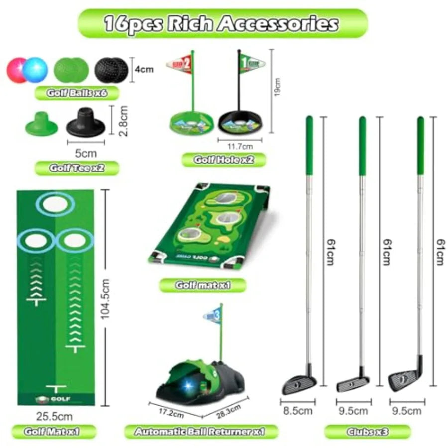3 in 1 Golf Set with Dinosaur Automatic Golf Returner, Golf Cornhole Board, Led Light Up Balls, Putting Mat, 3-8 Toddler Mini G