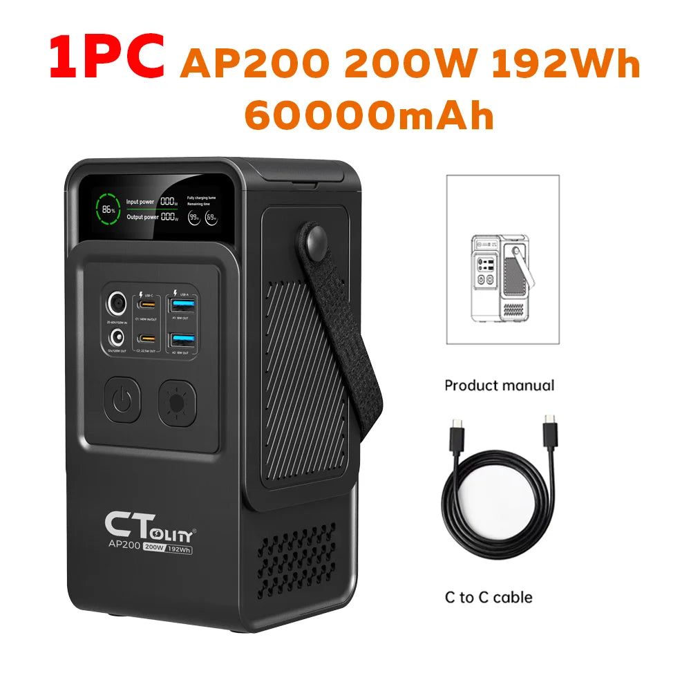 CTOLITY AP200 Portable Power Bank 192Wh LiFePO4 200W Solar Kit