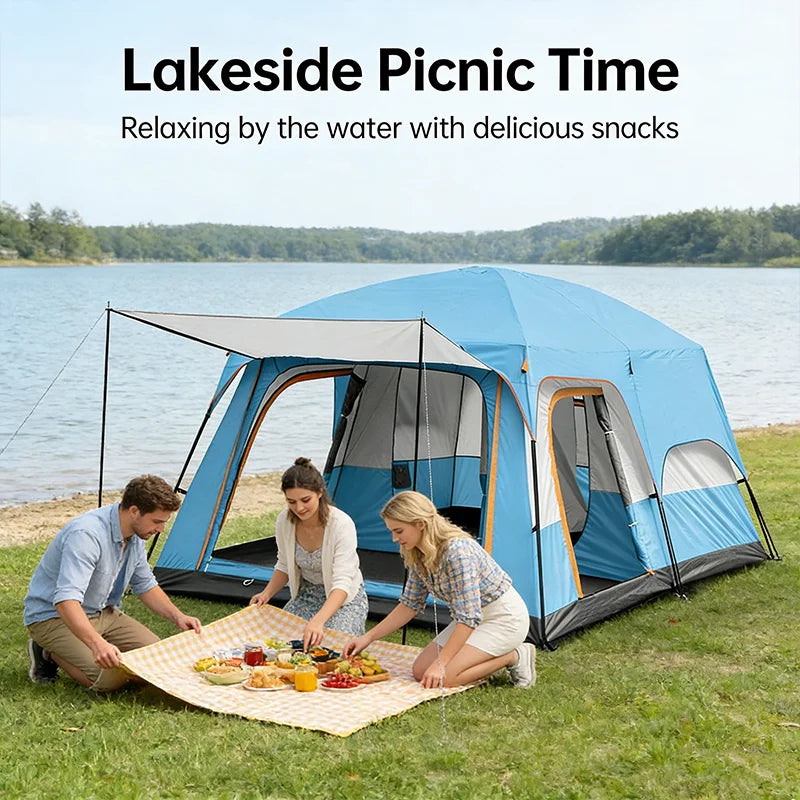 Family Outdoor Camping Tent With Removable Awning And Mesh Windows