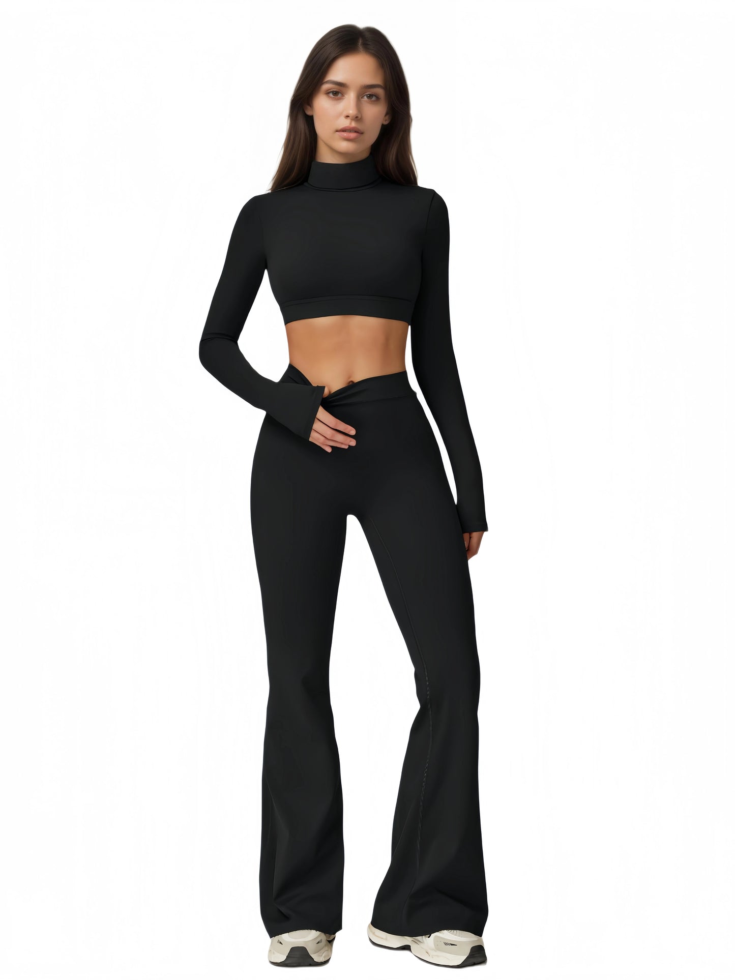 Women's Turtleneck Long Sleeve Yoga Set Back Cutout Flare Pants with Removable Pads Tummy Control Butt Lifting Gym Outfit