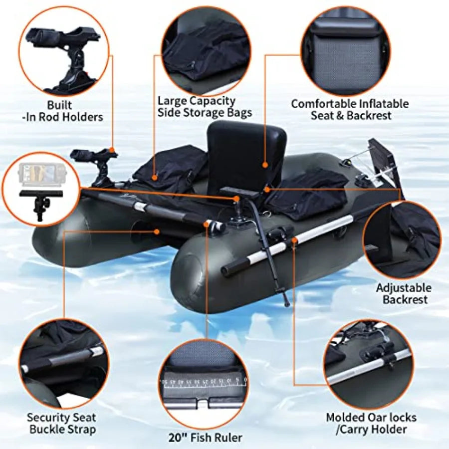 Inflatable Fishing Float Tube Belly Boat with Adjustable Backpack Straps Storage Pockets Fish Ruler Pump Oar 350 LBS Load Capac