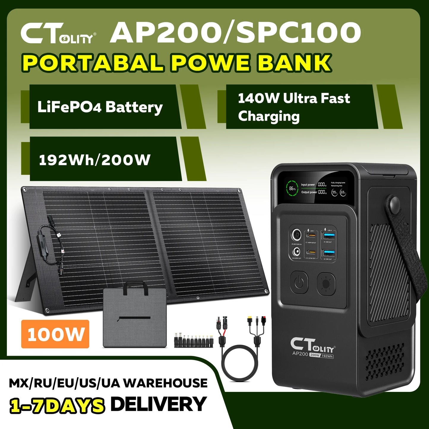 CTOLITY AP200 Portable Power Bank 192Wh LiFePO4 200W Solar Kit