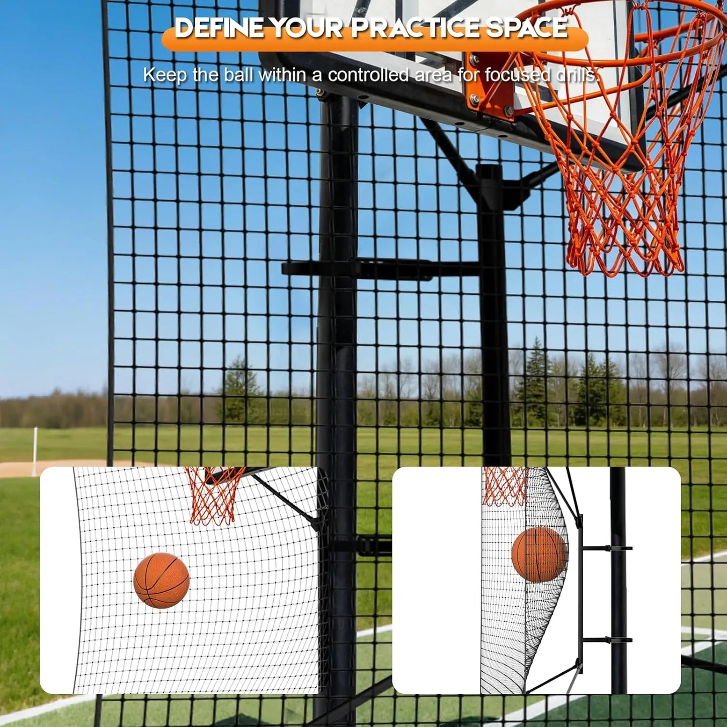 Heavy-Duty Steel Basketball Rebounder Net, 10x10 FT Outdoor Backstop for Court and Yard