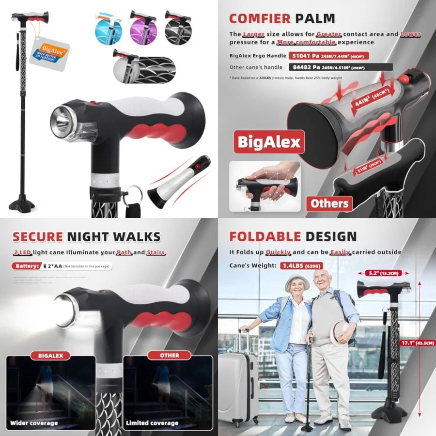 Folding Walking Cane With LED Lights For Elderly Adjustable