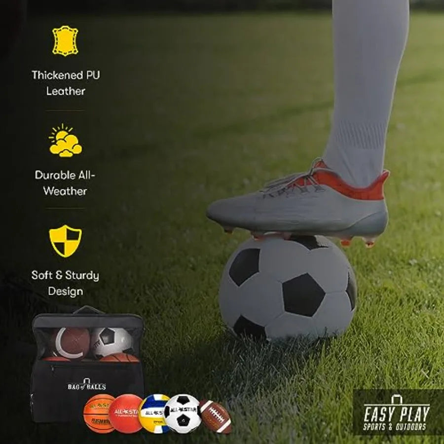 Complete Sports Balls w/Bag Pump for Boys - Kickball Volleyball Soccer Ball Football Basketball - Outdoor Play