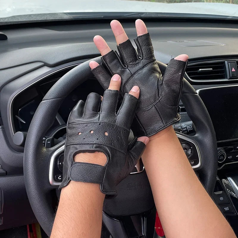 YJSFG HOUSE Leather Fingerless Mittens for Men and Motorcycle Riders