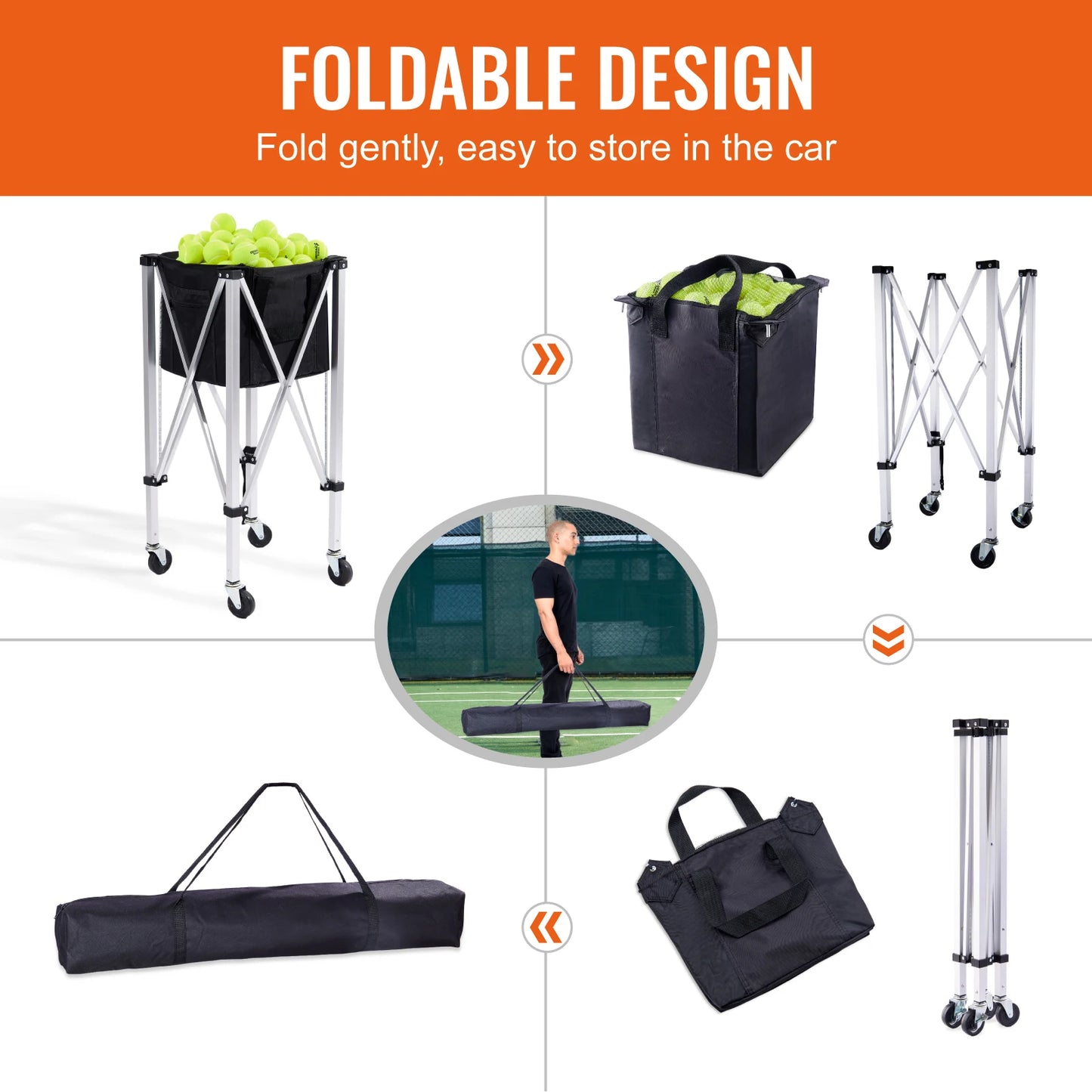 SucceBuy Foldable Tennis Ball Cart Holds 150/180 Balls with Wheels