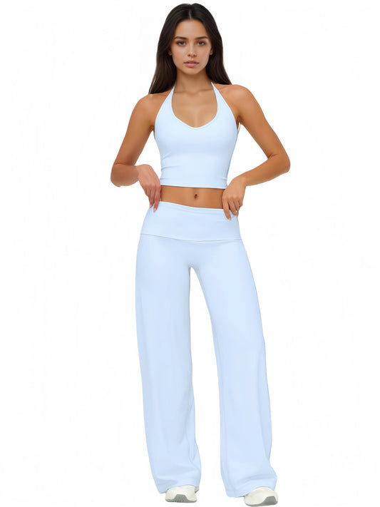 Airila 2 Piece Halter V Neck Yoga Set, Backless Crop Top Fold over Waist Flared Pants Tummy Control Athleisure Outfit Workout