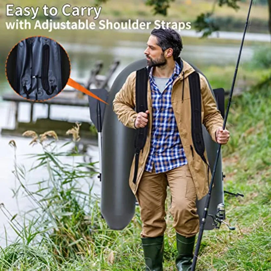 Inflatable Fishing Float Tube Belly Boat with Adjustable Backpack Straps Storage Pockets Fish Ruler Pump Oar 350 LBS Load Capac