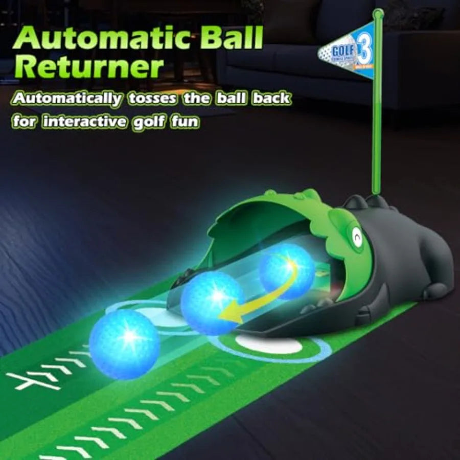 3 in 1 Golf Set with Dinosaur Automatic Golf Returner, Golf Cornhole Board, Led Light Up Balls, Putting Mat, 3-8 Toddler Mini G