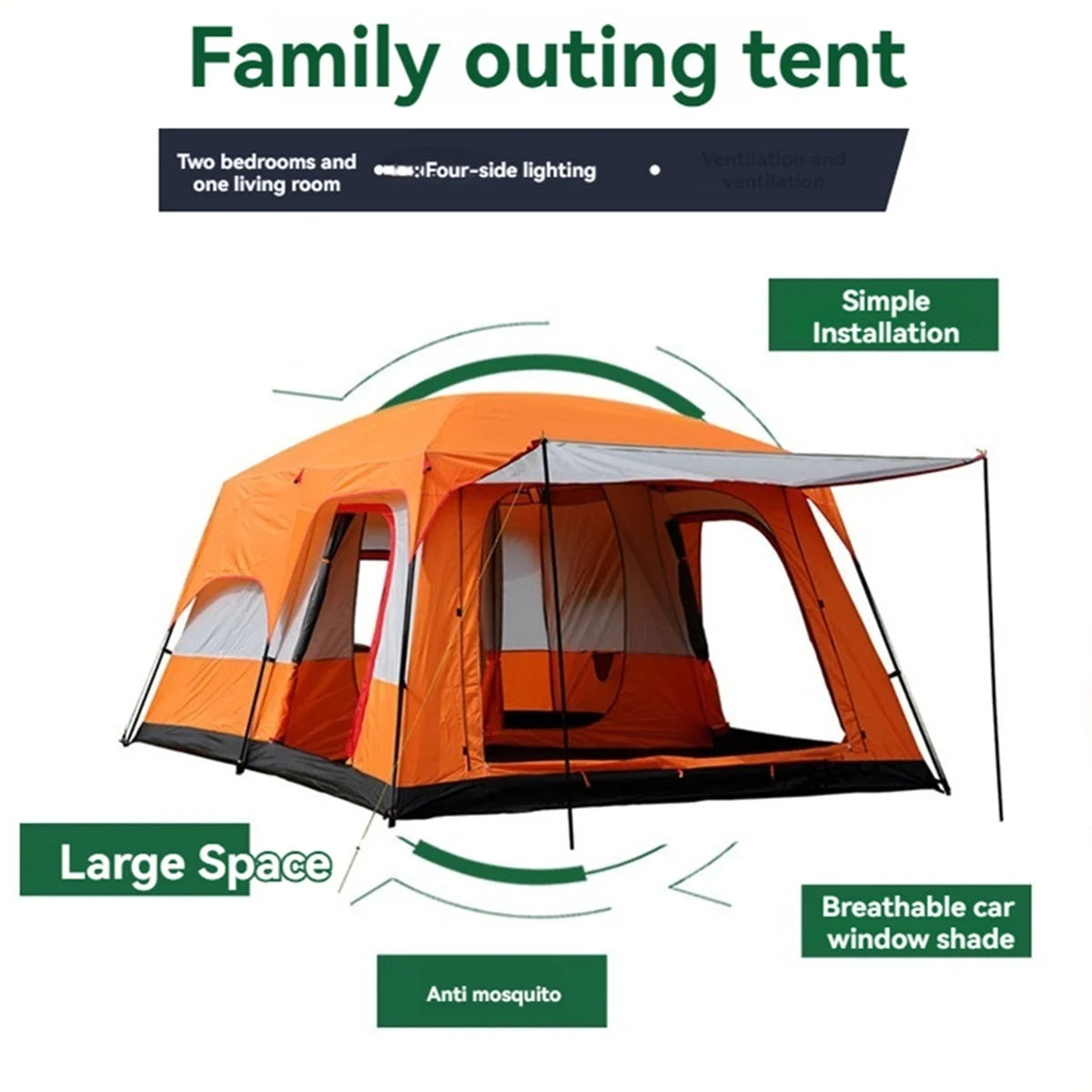 Family Outdoor Camping Tent With Removable Awning And Mesh Windows