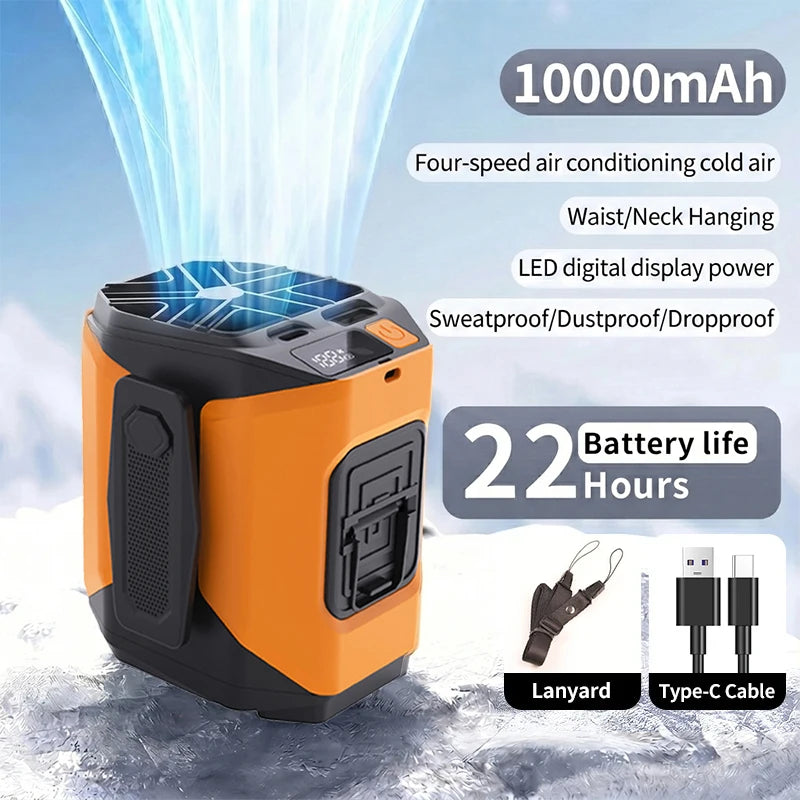 Portable Neck and Waist Clip Fan 10000mAh With Flashlight