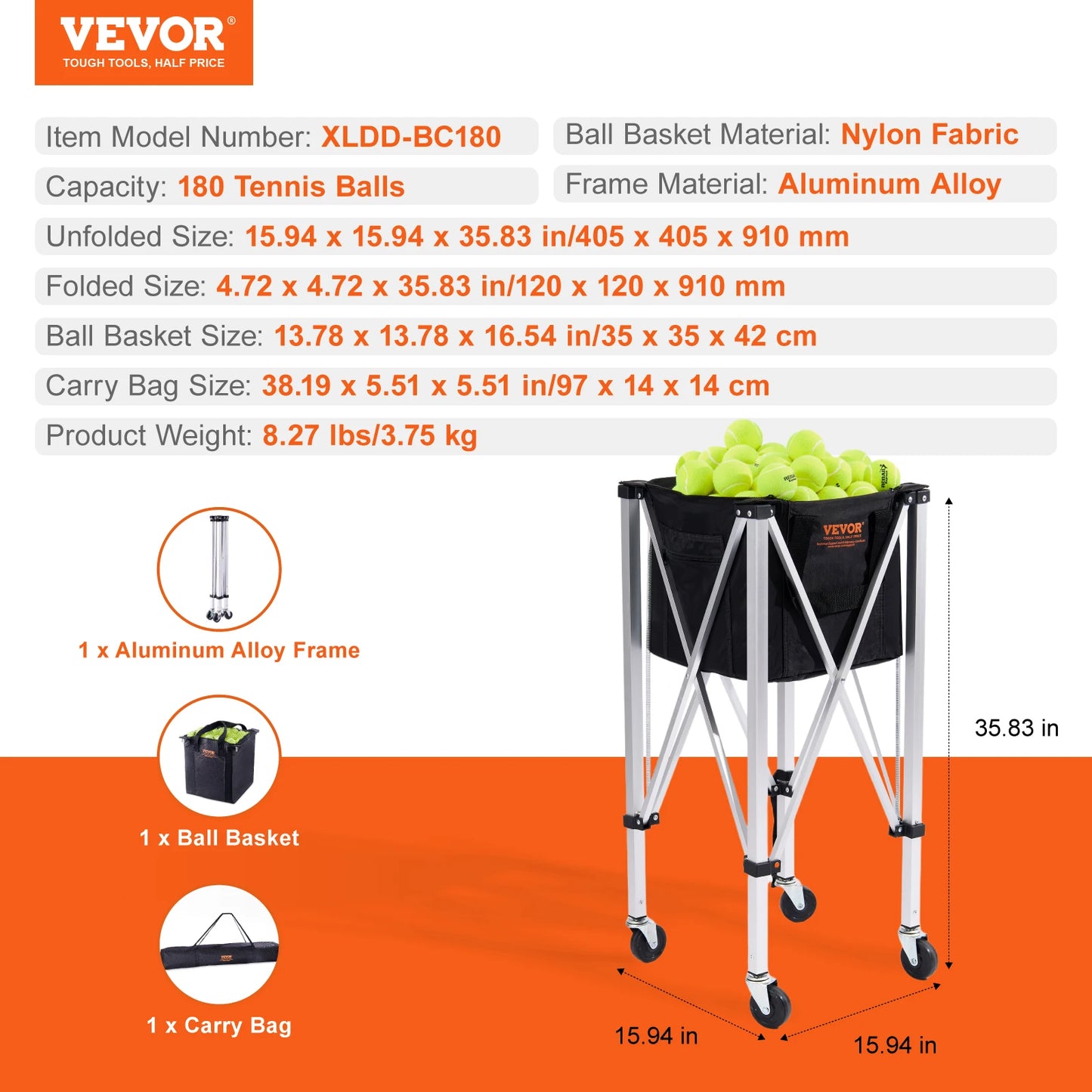 SucceBuy Foldable Tennis Ball Cart Holds 150/180 Balls with Wheels