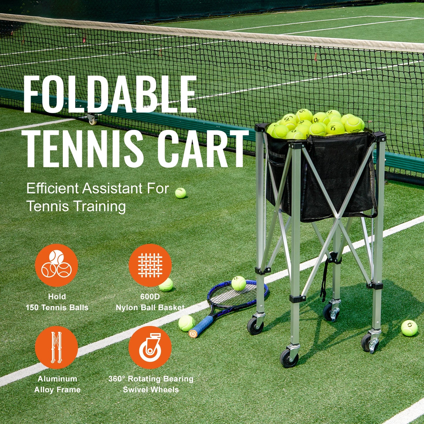 SucceBuy Foldable Tennis Ball Cart Holds 150/180 Balls with Wheels
