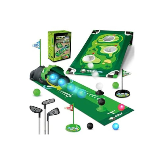 3 in 1 Golf Set with Dinosaur Automatic Golf Returner, Golf Cornhole Board, Led Light Up Balls, Putting Mat, 3-8 Toddler Mini G