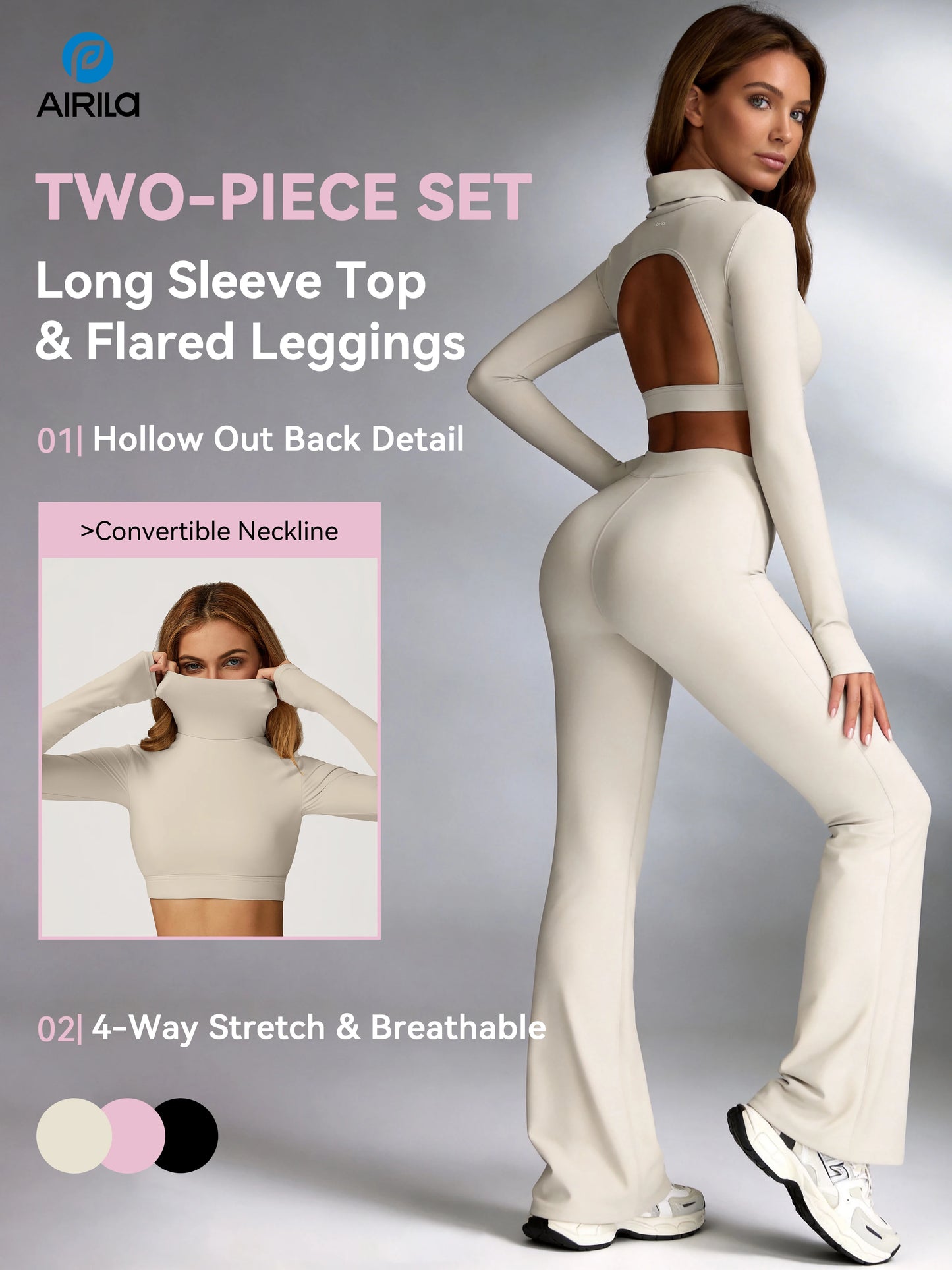 Women's Turtleneck Long Sleeve Yoga Set Back Cutout Flare Pants with Removable Pads Tummy Control Butt Lifting Gym Outfit