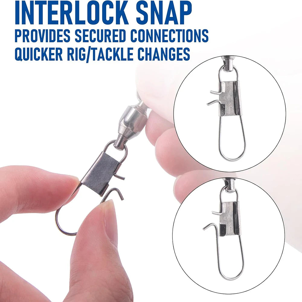 100Pcs Ball Bearing Snap Swivels Swivels Fishing Tackle with Safety Interlock Snap Saltwater Freshwater Stainless Fishing Tackle
