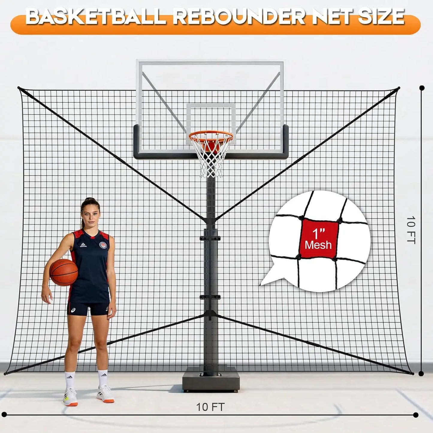 Heavy-Duty Steel Basketball Rebounder Net, 10x10 FT Outdoor Backstop for Court and Yard