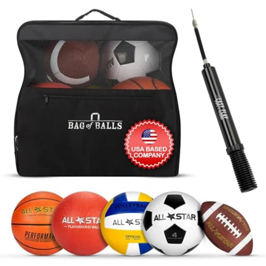 Complete Sports Balls w/Bag Pump for Boys - Kickball Volleyball Soccer Ball Football Basketball - Outdoor Play