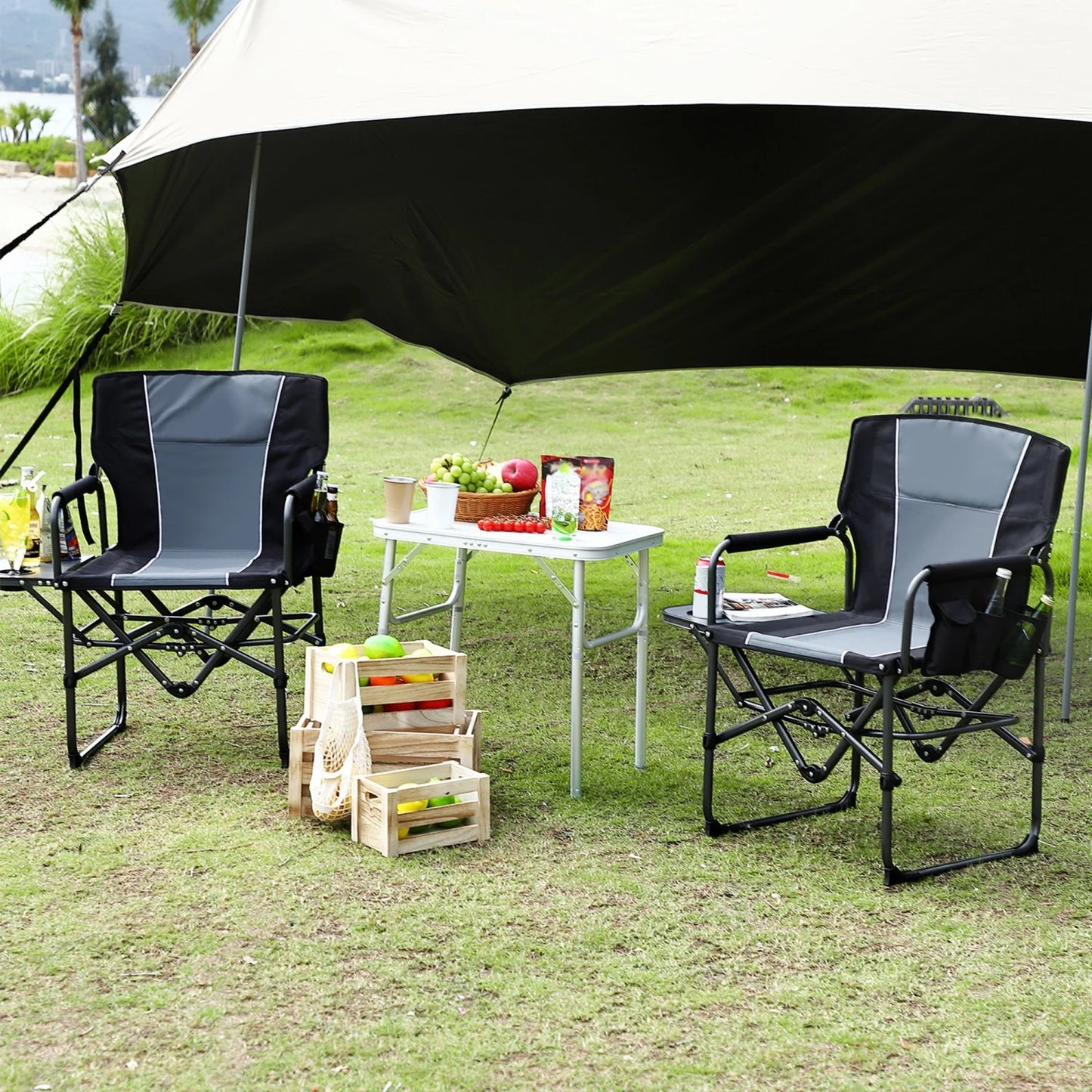HiMISS Heavy-Duty Folding Directors Chair With Side Table Cup Holder