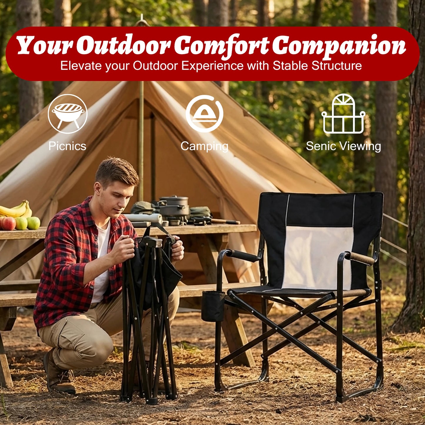 JHK Outdoor Folding Camping Chair With Mesh Back And Armrests