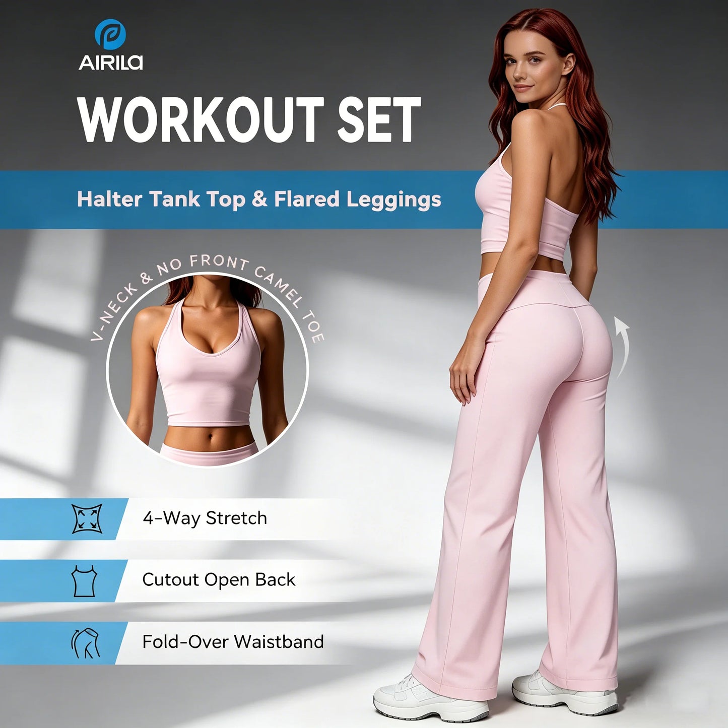 Airila 2 Piece Halter V Neck Yoga Set, Backless Crop Top Fold over Waist Flared Pants Tummy Control Athleisure Outfit Workout