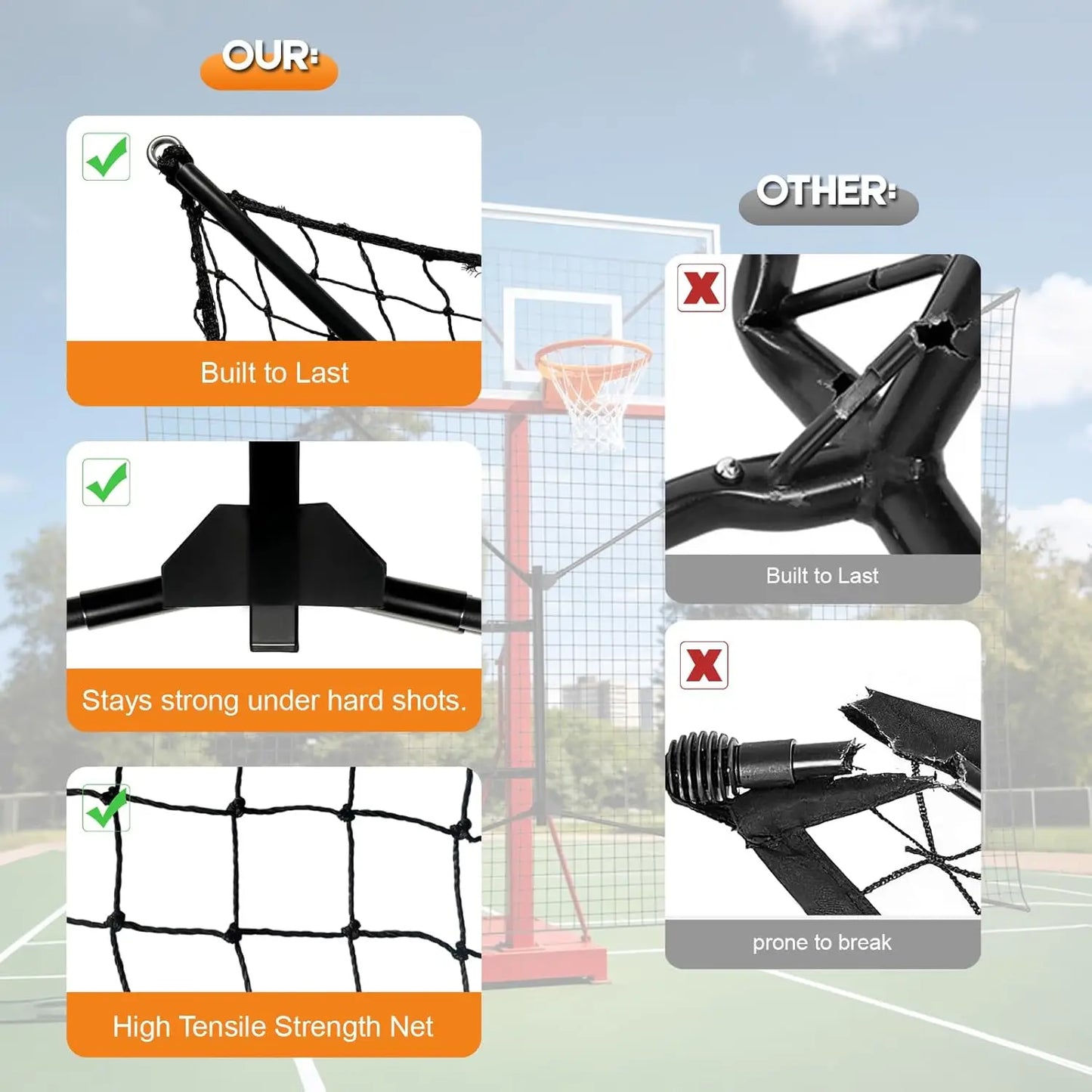 Heavy-Duty Steel Basketball Rebounder Net, 10x10 FT Outdoor Backstop for Court and Yard