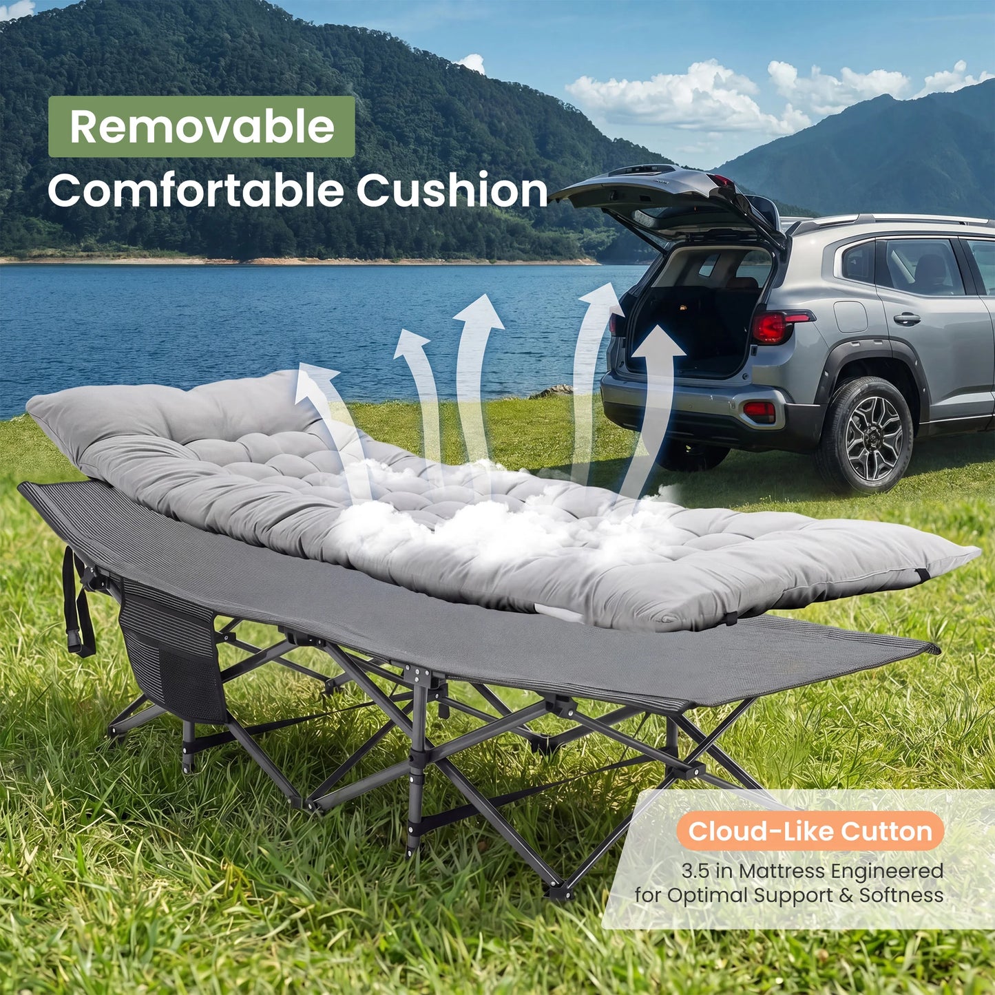 JHK Folding Camping Cot Bed With Cushion And Portable Storage