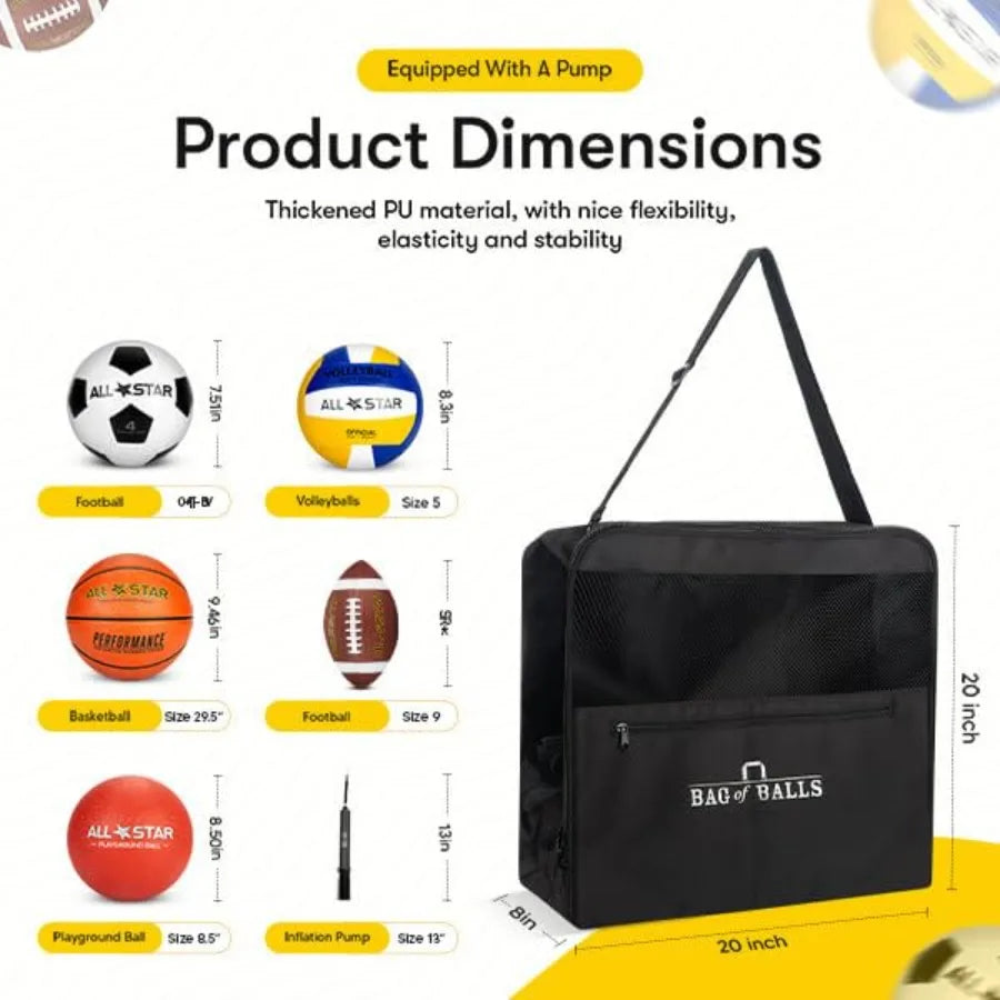Complete Sports Balls w/Bag Pump for Boys - Kickball Volleyball Soccer Ball Football Basketball - Outdoor Play