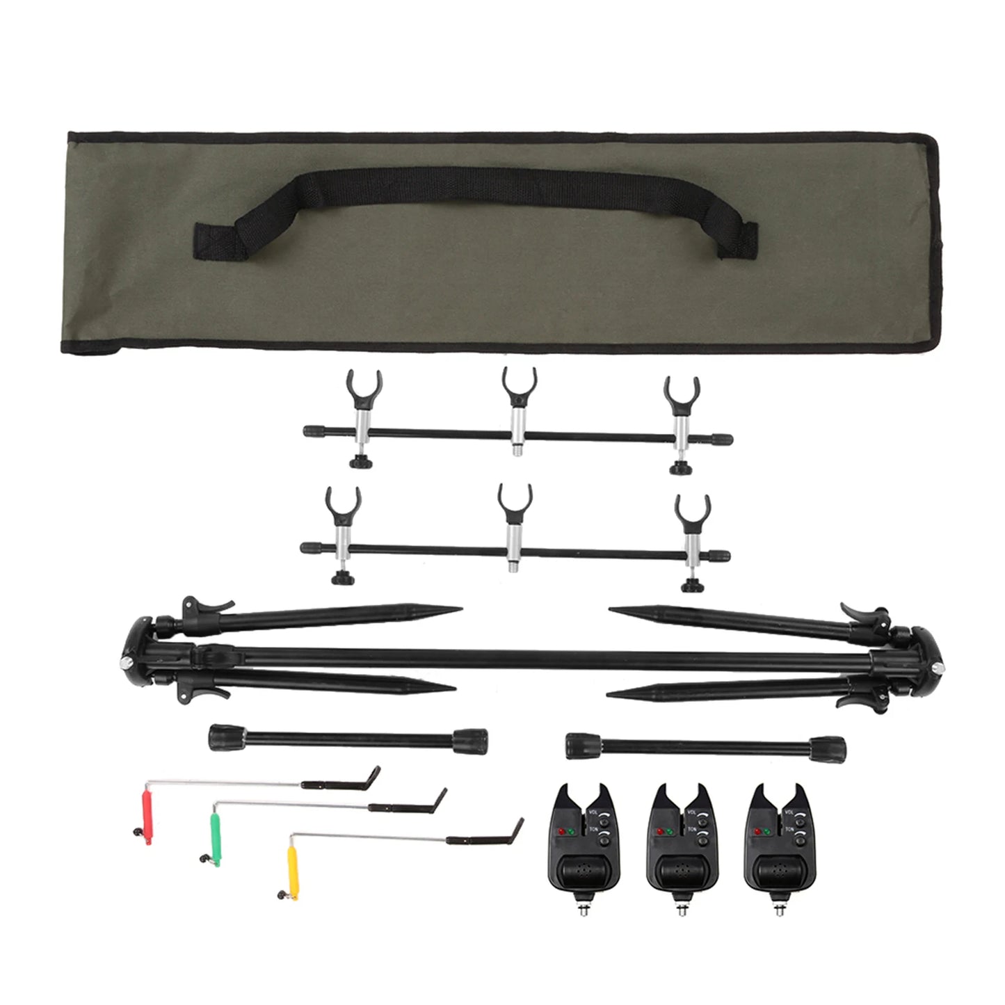 Lixada Fishing Rod Pod Stand Adjustable Retractable Carp Holder Fishing Pole Pod Stand with 3 Bite Alarms and Swingers Indicator