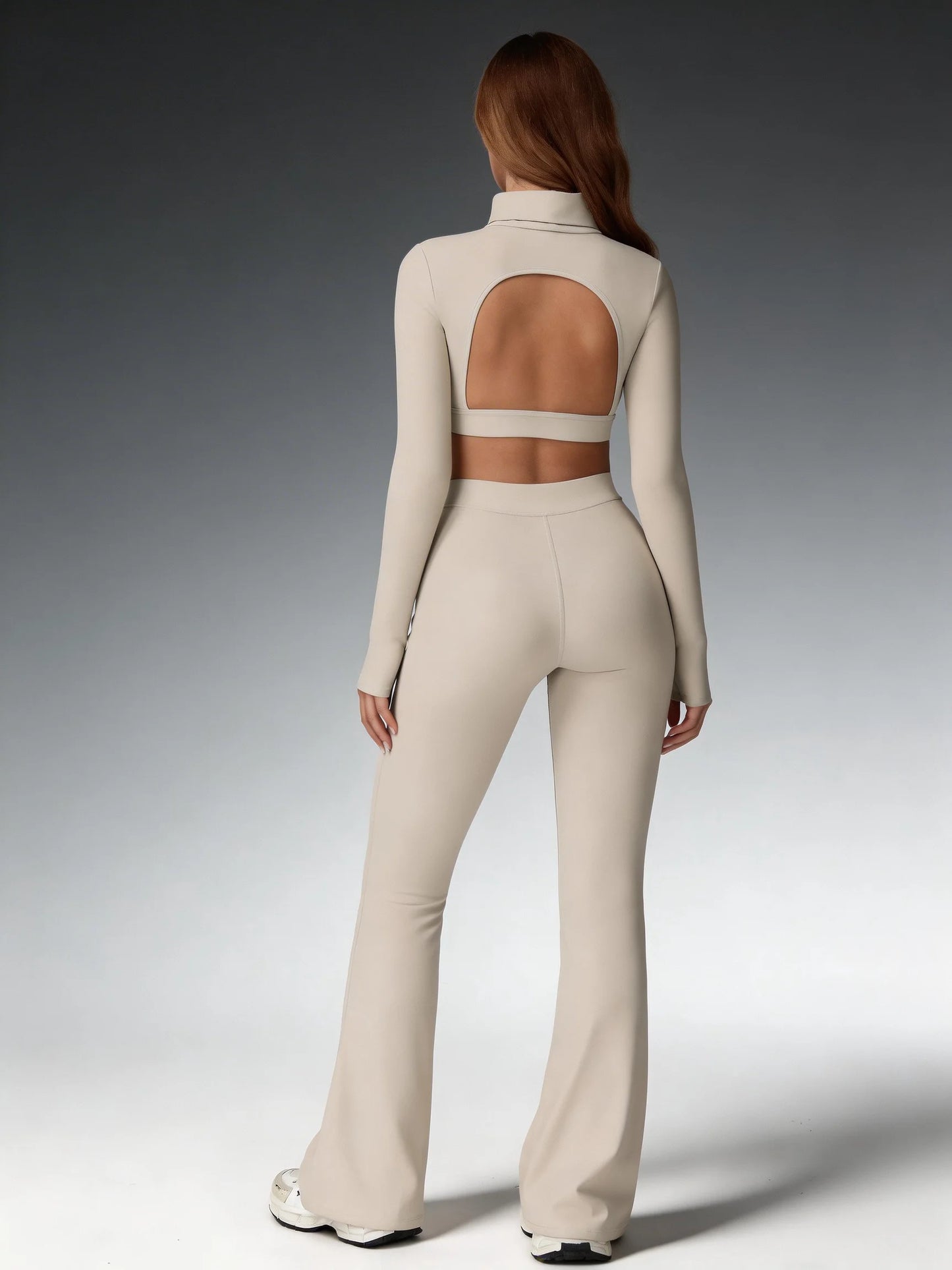 Women's Turtleneck Long Sleeve Yoga Set Back Cutout Flare Pants with Removable Pads Tummy Control Butt Lifting Gym Outfit