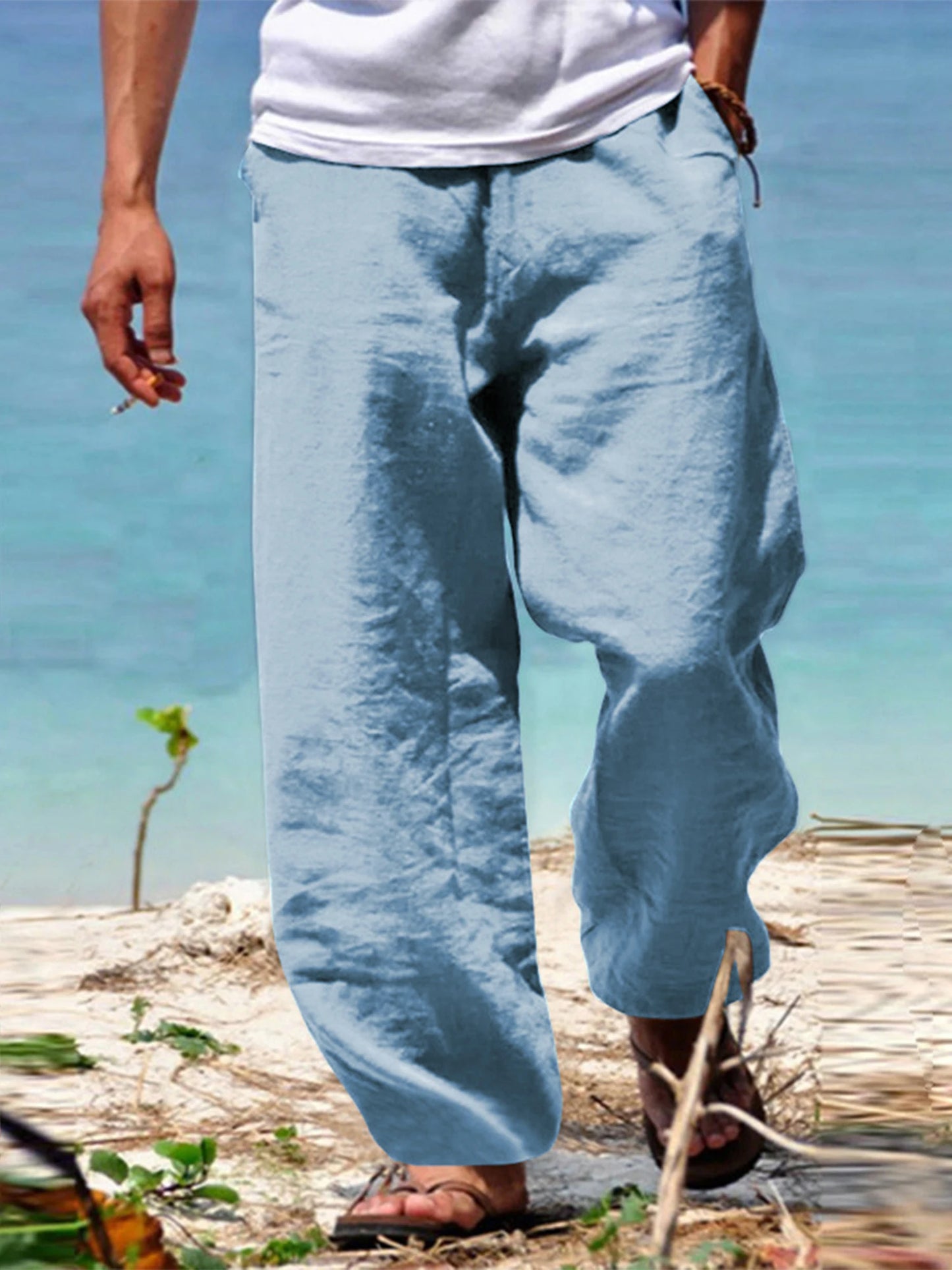 Men s Lightweight Linen Blend Pants with Elastic Waistband and Relaxed Fit for Summer Beach Vacation Casual Wear