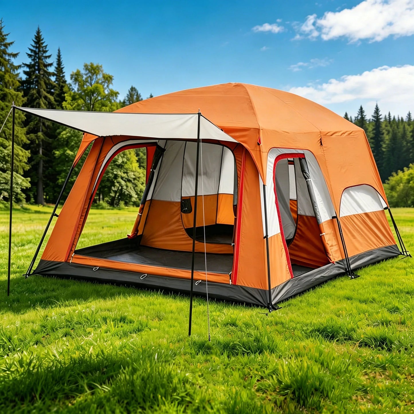 Family Outdoor Camping Tent With Removable Awning And Mesh Windows