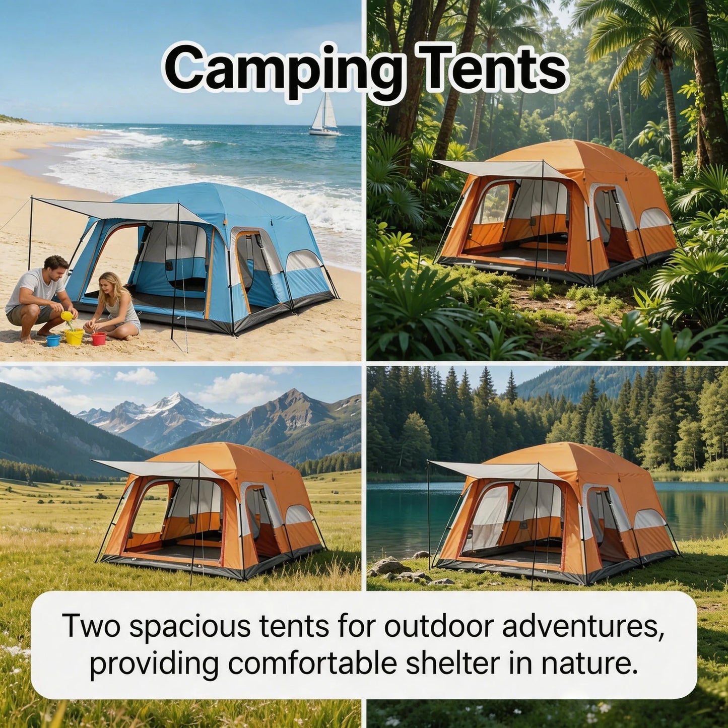Family Outdoor Camping Tent With Removable Awning And Mesh Windows