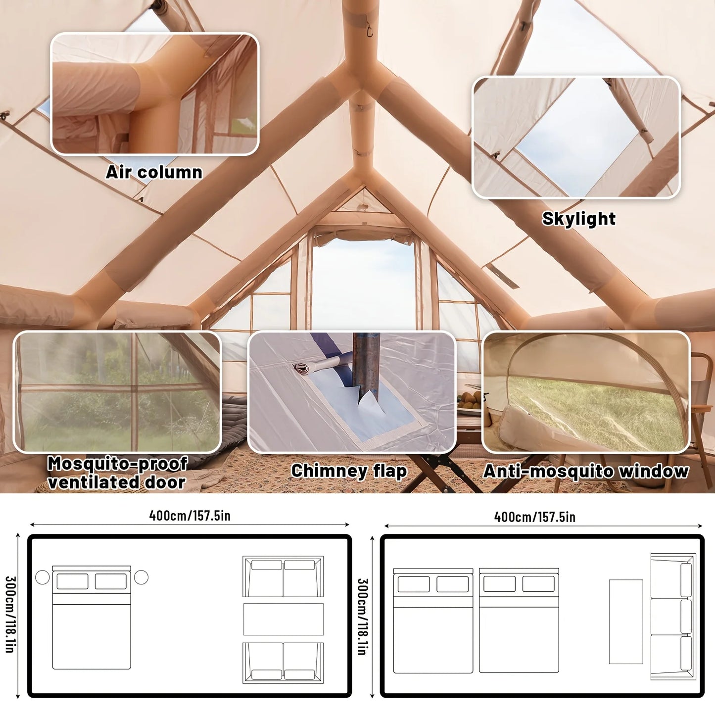 Large Inflatable Camping Tent With Skylight And Quick Air Flow Mesh