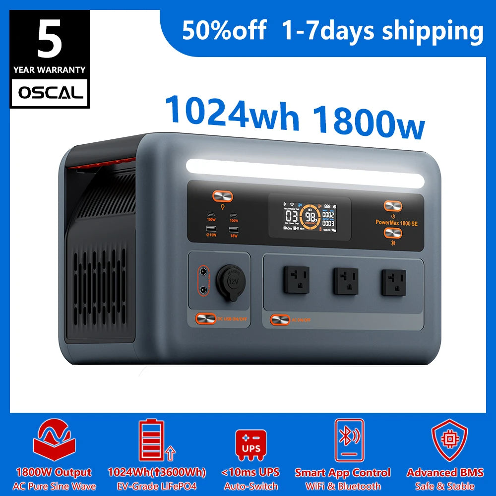 OSCAL PowerMax 1800W Portable Power Station 1024Wh LiFePO4