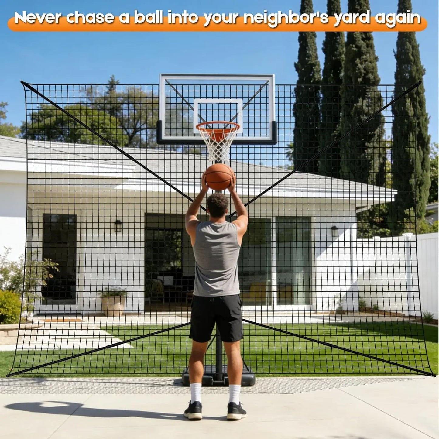 Heavy-Duty Steel Basketball Rebounder Net, 10x10 FT Outdoor Backstop for Court and Yard