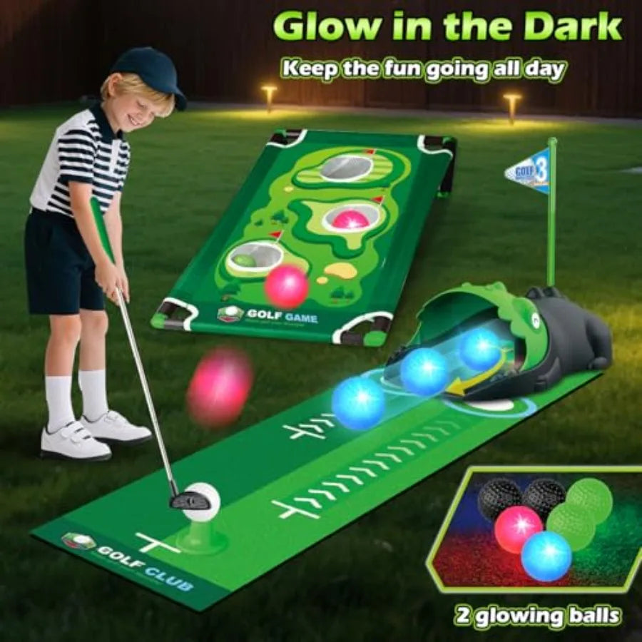 3 in 1 Golf Set with Dinosaur Automatic Golf Returner, Golf Cornhole Board, Led Light Up Balls, Putting Mat, 3-8 Toddler Mini G