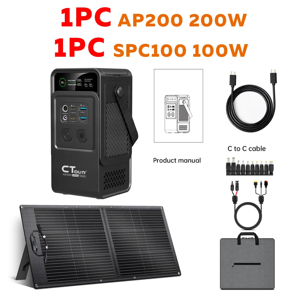 CTOLITY AP200 Portable Power Bank 192Wh LiFePO4 200W Solar Kit