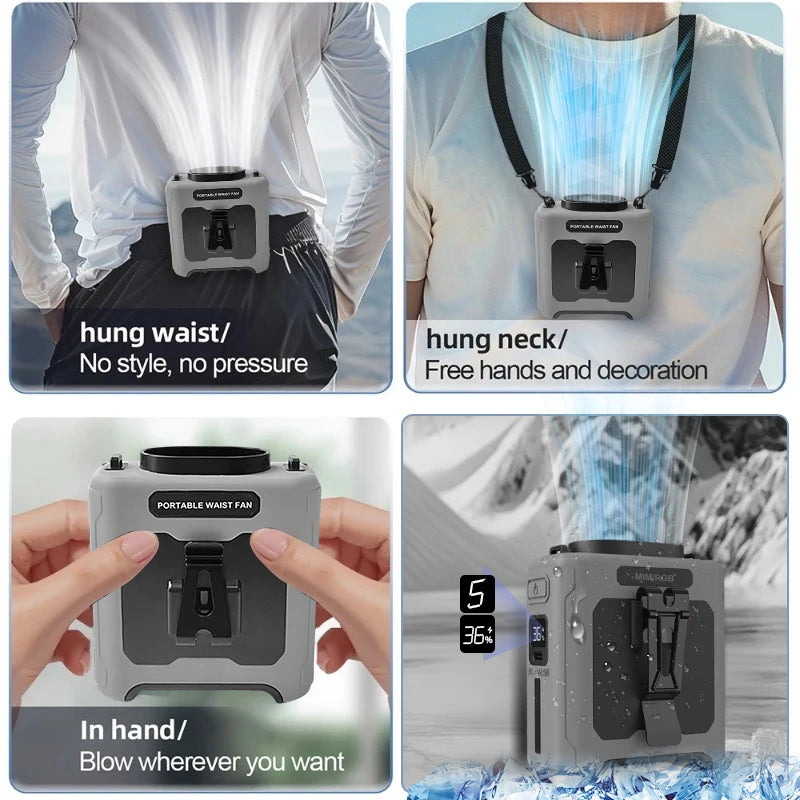 Portable Neck and Waist Clip Fan 10000mAh With Flashlight