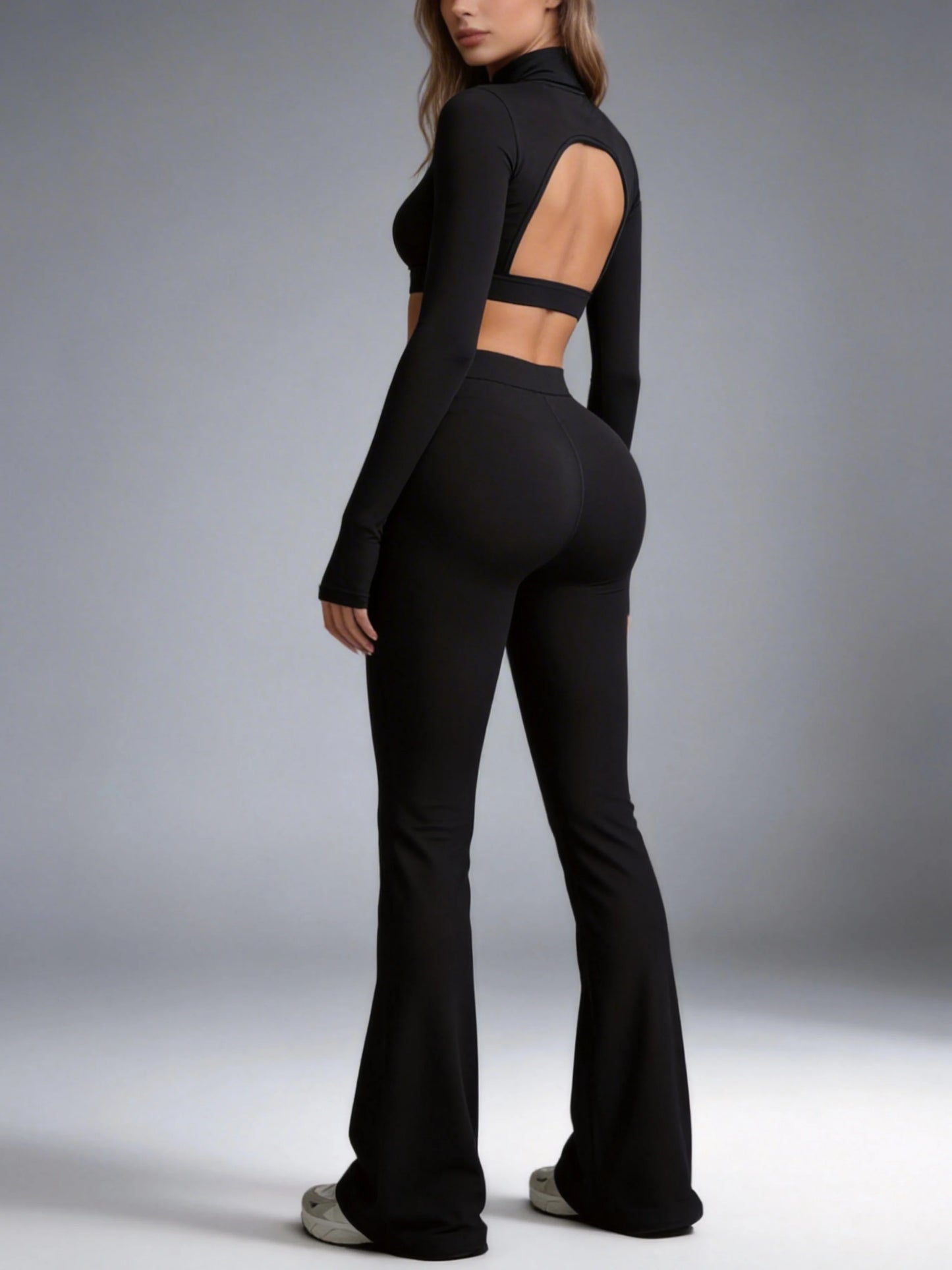 Women's Turtleneck Long Sleeve Yoga Set Back Cutout Flare Pants with Removable Pads Tummy Control Butt Lifting Gym Outfit