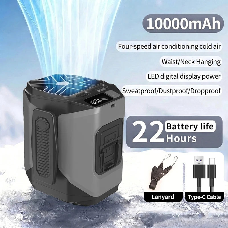 Portable Neck and Waist Clip Fan 10000mAh With Flashlight